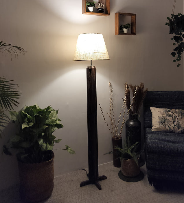 Stella Wooden Floor Lamp With Brown Base and Beige Fabric Lampshade
