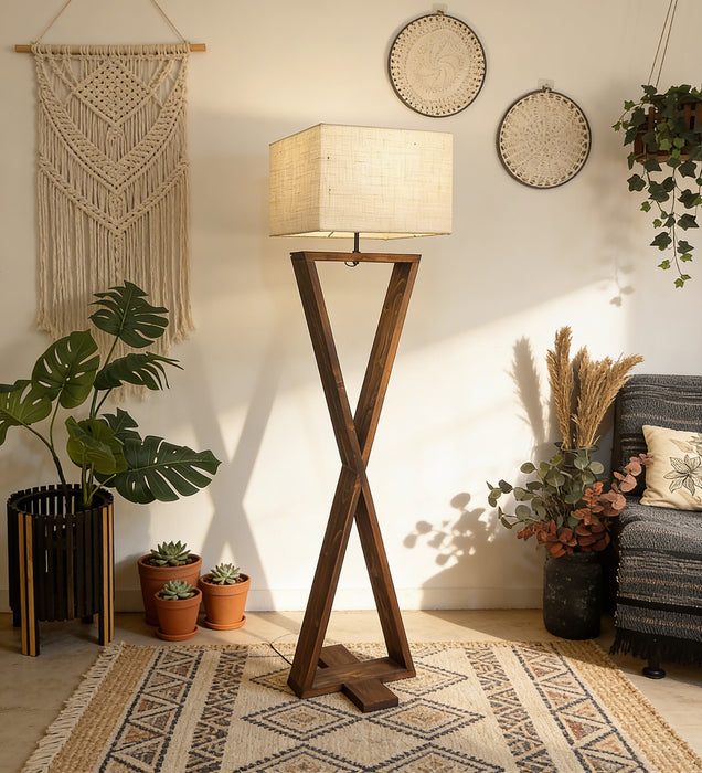 Infinity Wooden Floor Lamp With Brown Base and Beige Fabric Lampshade