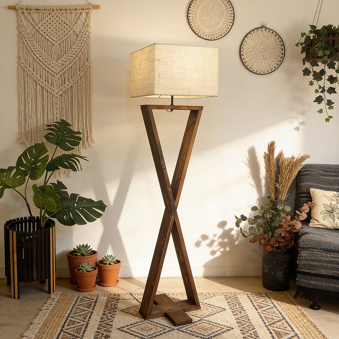Infinity Wooden Floor Lamp With Brown Base and Beige Fabric Lampshade