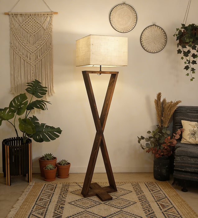 Infinity Wooden Floor Lamp With Brown Base and Beige Fabric Lampshade