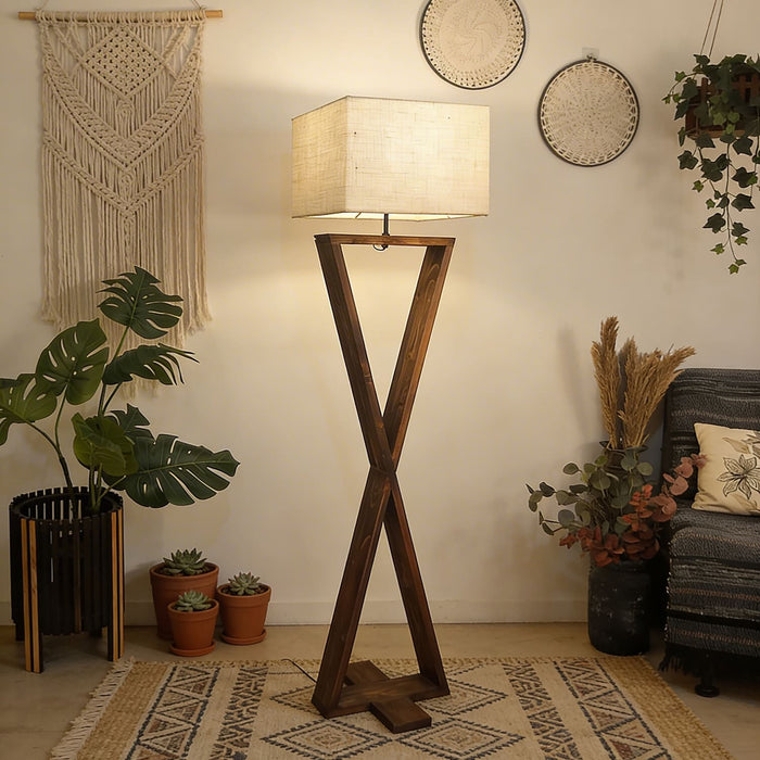 Infinity Wooden Floor Lamp With Brown Base and Beige Fabric Lampshade