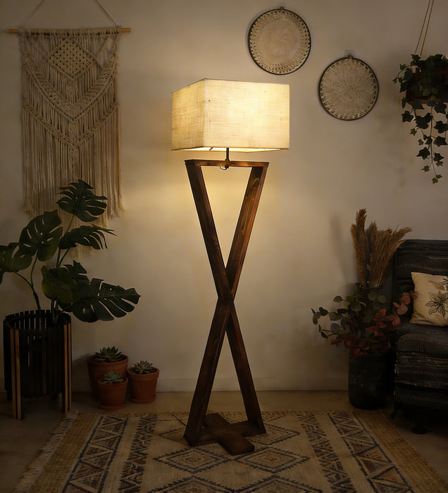 Infinity Wooden Floor Lamp With Brown Base and Beige Fabric Lampshade
