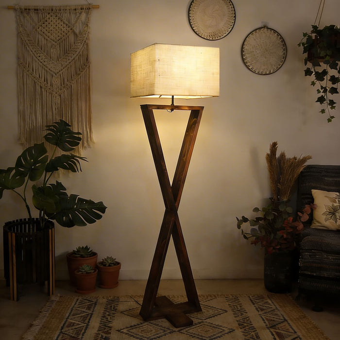Infinity Wooden Floor Lamp With Brown Base and Beige Fabric Lampshade