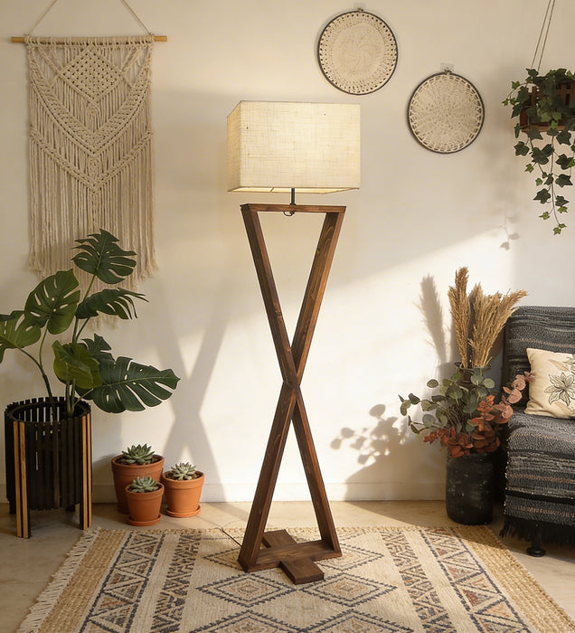 Infinity Wooden Floor Lamp With Brown Base and Beige Fabric Lampshade