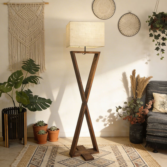 Infinity Wooden Floor Lamp With Brown Base and Beige Fabric Lampshade