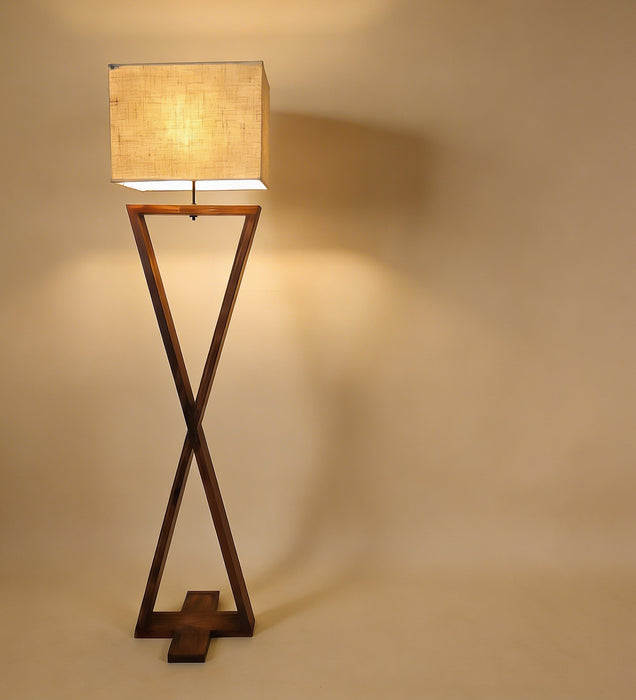 Infinity Wooden Floor Lamp With Brown Base and Beige Fabric Lampshade