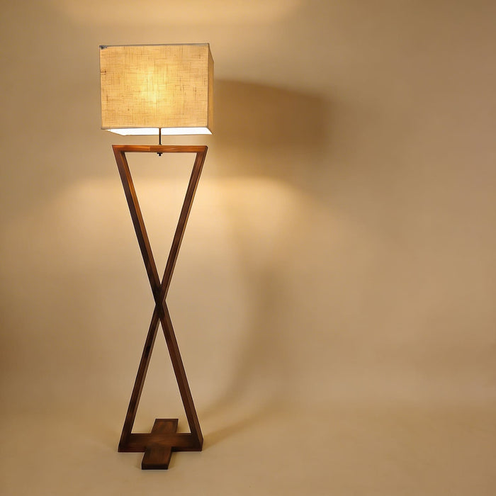 Infinity Wooden Floor Lamp With Brown Base and Beige Fabric Lampshade