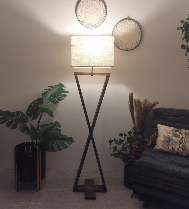 Infinity Wooden Floor Lamp With Brown Base and Beige Fabric Lampshade