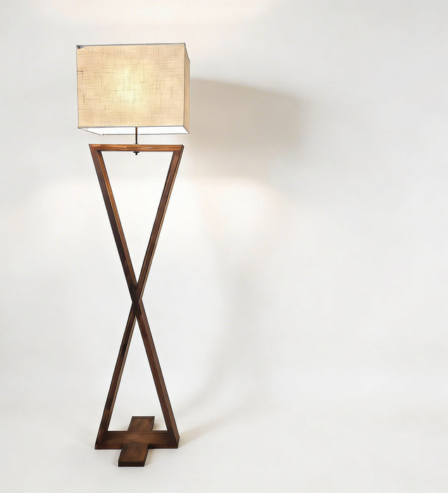 Infinity Wooden Floor Lamp With Brown Base and Beige Fabric Lampshade