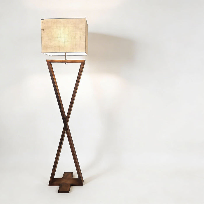 Infinity Wooden Floor Lamp With Brown Base and Beige Fabric Lampshade