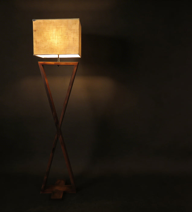 Infinity Wooden Floor Lamp With Brown Base and Beige Fabric Lampshade