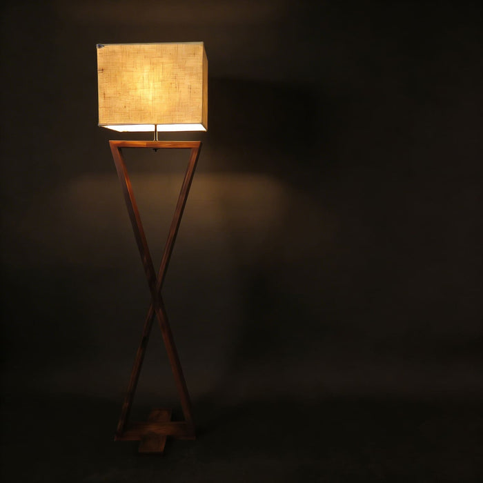 Infinity Wooden Floor Lamp With Brown Base and Beige Fabric Lampshade