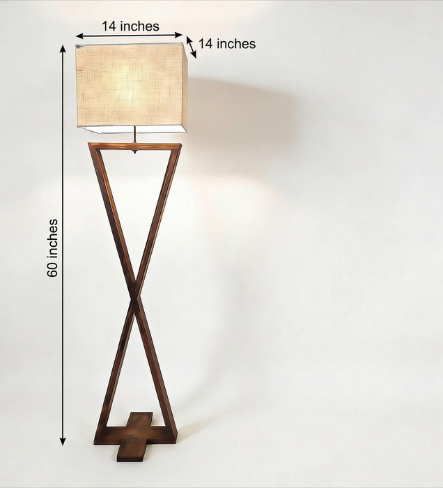 Infinity Wooden Floor Lamp With Brown Base and Beige Fabric Lampshade