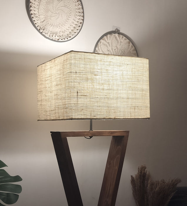 Infinity Wooden Floor Lamp With Brown Base and Beige Fabric Lampshade