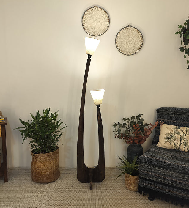 Jasper Wooden Floor Lamp with Brown Base and Beige Fabric Lampshade