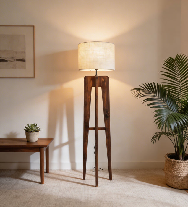 Jet Wooden Floor Lamp With Brown Base and Beige Fabric Lampshade