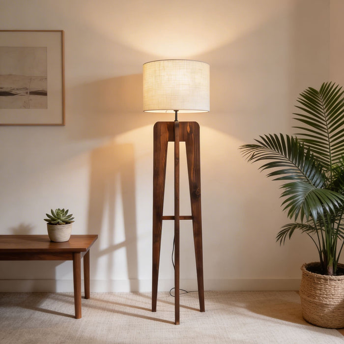 Jet Wooden Floor Lamp With Brown Base and Beige Fabric Lampshade
