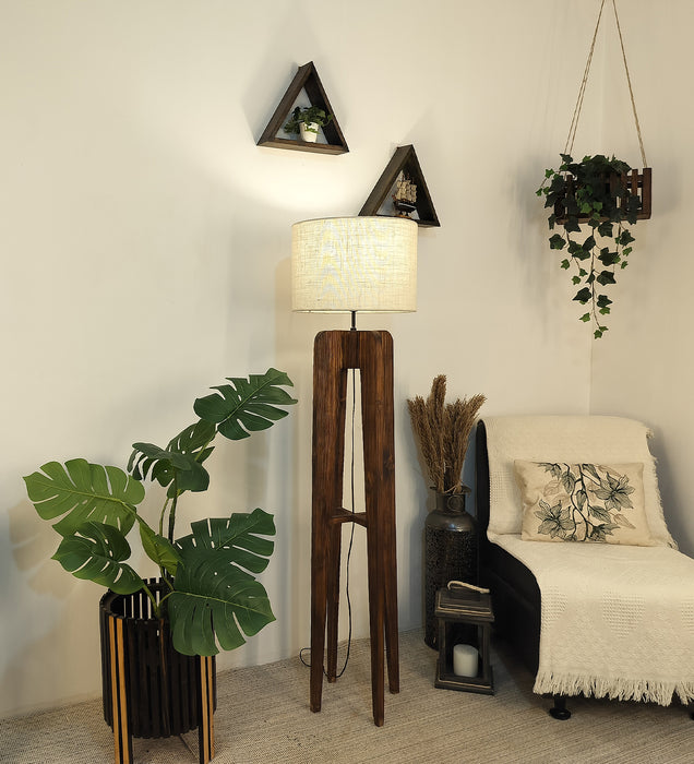 Jet Wooden Floor Lamp With Brown Base and Beige Fabric Lampshade