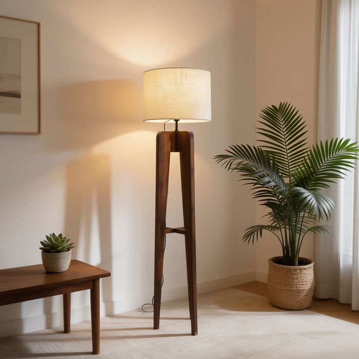 Jet Wooden Floor Lamp With Brown Base and Beige Fabric Lampshade