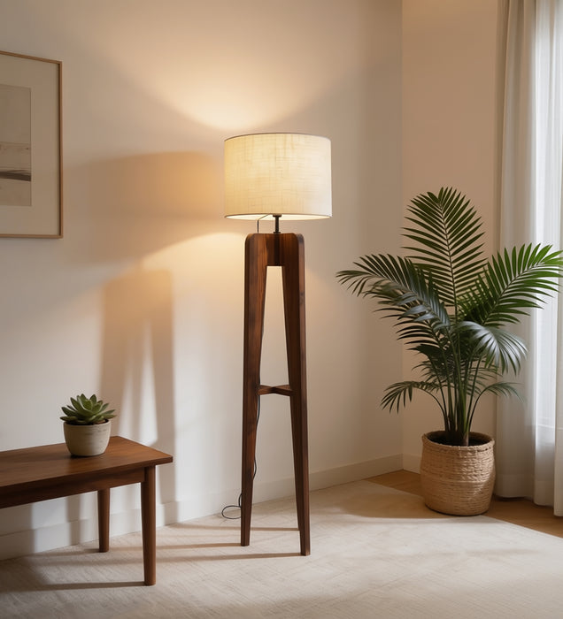 Jet Wooden Floor Lamp With Brown Base and Beige Fabric Lampshade