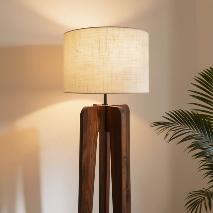 Jet Wooden Floor Lamp With Brown Base and Beige Fabric Lampshade