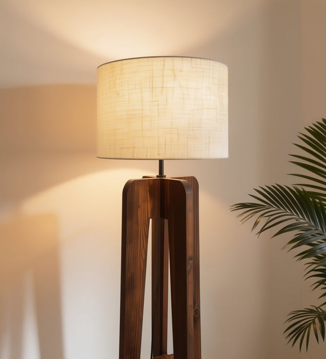 Jet Wooden Floor Lamp With Brown Base and Beige Fabric Lampshade