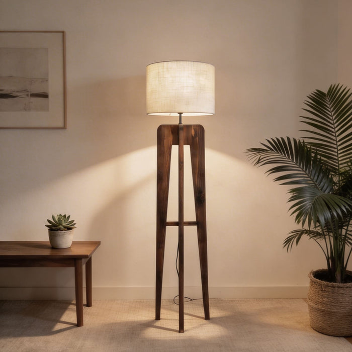 Jet Wooden Floor Lamp With Brown Base and Beige Fabric Lampshade
