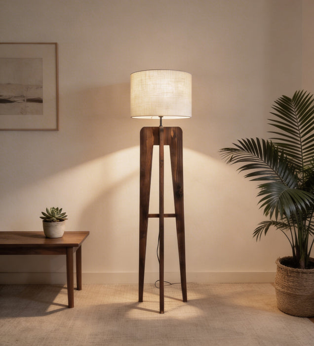 Jet Wooden Floor Lamp With Brown Base and Beige Fabric Lampshade