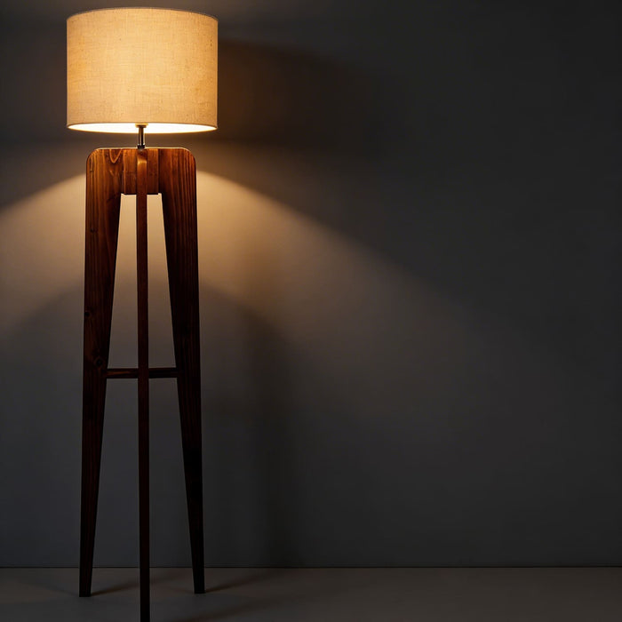 Jet Wooden Floor Lamp With Brown Base and Beige Fabric Lampshade