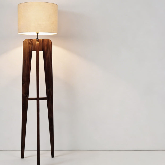 Jet Wooden Floor Lamp With Brown Base and Beige Fabric Lampshade