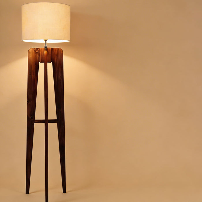 Jet Wooden Floor Lamp With Brown Base and Beige Fabric Lampshade