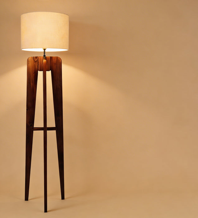 Jet Wooden Floor Lamp With Brown Base and Beige Fabric Lampshade