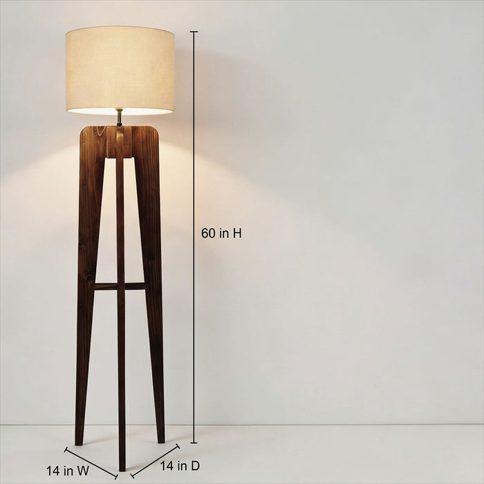 Jet Wooden Floor Lamp With Brown Base and Beige Fabric Lampshade