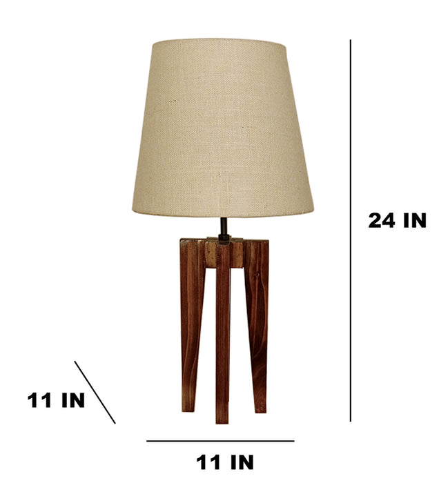 Jet Brown Wooden Table Lamp with White Fabric Lampshade