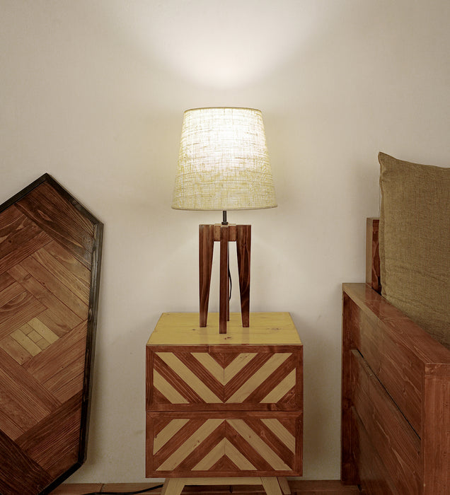 Jet Brown Wooden Table Lamp with White Fabric Lampshade