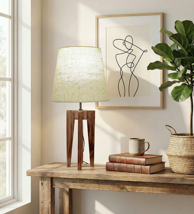 Jet Brown Wooden Table Lamp with White Fabric Lampshade