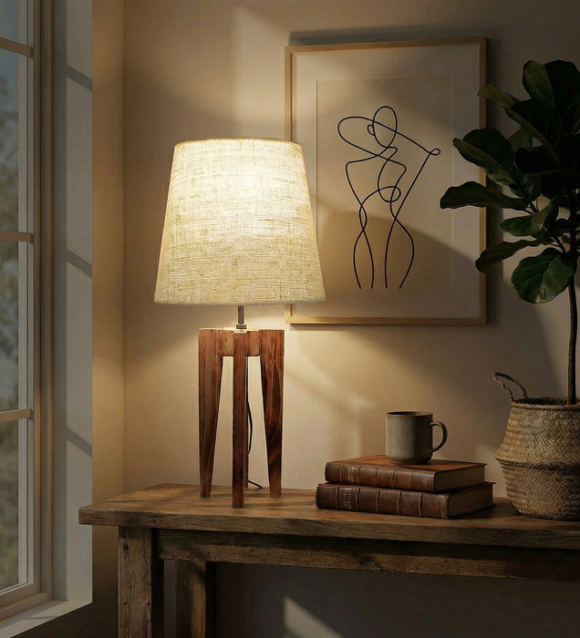 Jet Brown Wooden Table Lamp with White Fabric Lampshade