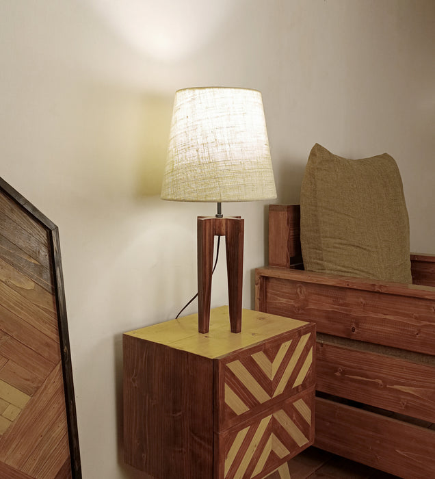 Jet Brown Wooden Table Lamp with White Fabric Lampshade