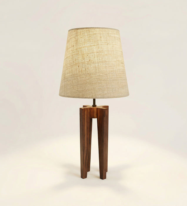 Jet Brown Wooden Table Lamp with White Fabric Lampshade