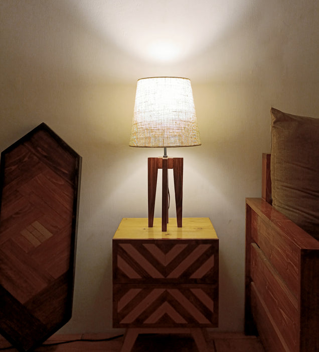 Jet Brown Wooden Table Lamp with White Fabric Lampshade