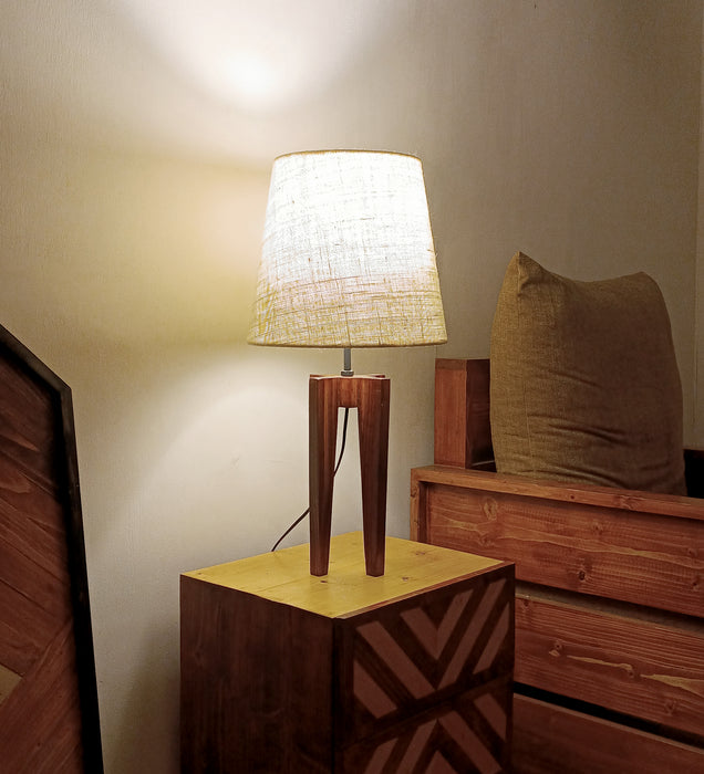 Jet Brown Wooden Table Lamp with White Fabric Lampshade