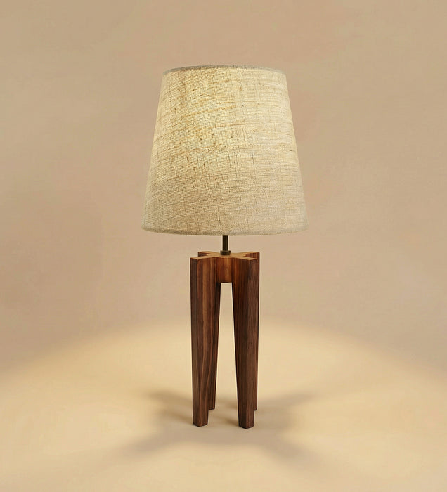 Jet Brown Wooden Table Lamp with White Fabric Lampshade