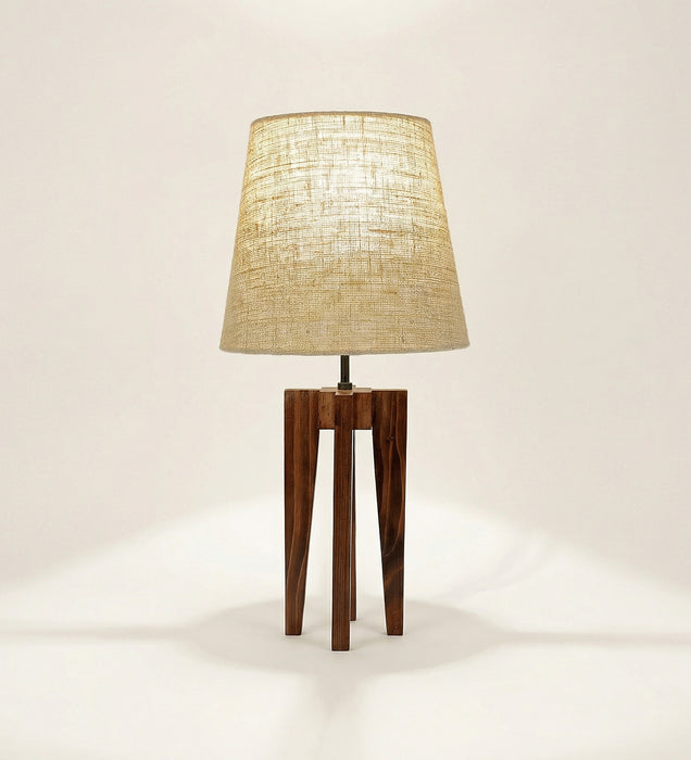 Jet Brown Wooden Table Lamp with White Fabric Lampshade