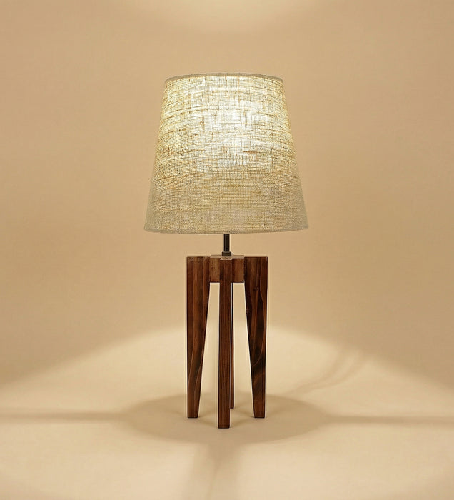 Jet Brown Wooden Table Lamp with White Fabric Lampshade