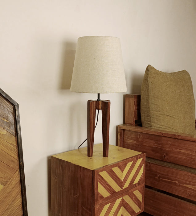 Jet Brown Wooden Table Lamp with White Fabric Lampshade