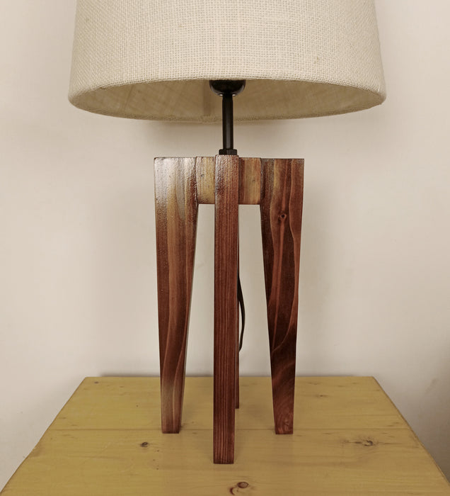 Jet Brown Wooden Table Lamp with White Fabric Lampshade