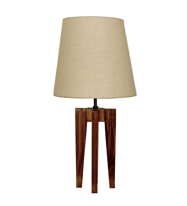 Jet Brown Wooden Table Lamp with White Fabric Lampshade