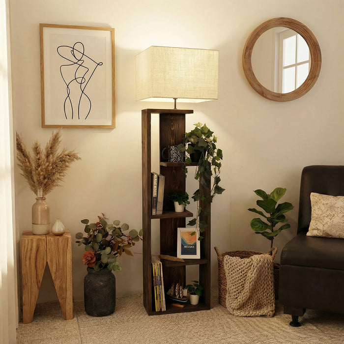 Jordan Wooden Floor Lamp with Brown Base and Jute Fabric Lampshade