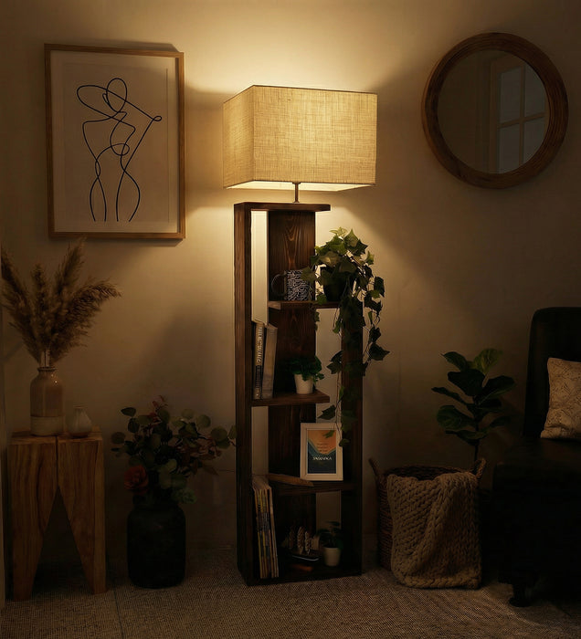 Jordan Wooden Floor Lamp with Brown Base and Jute Fabric Lampshade