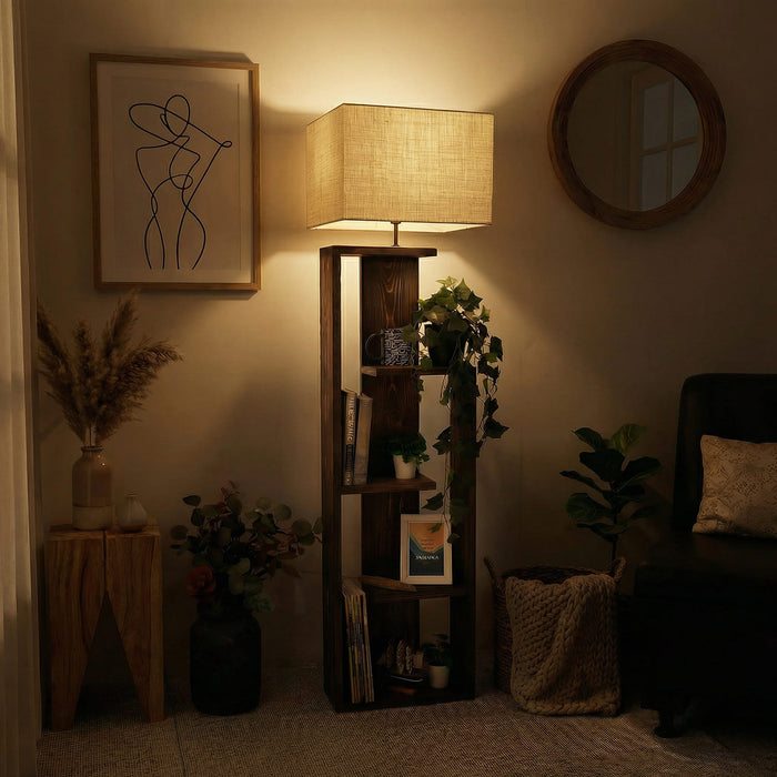 Jordan Wooden Floor Lamp with Brown Base and Jute Fabric Lampshade
